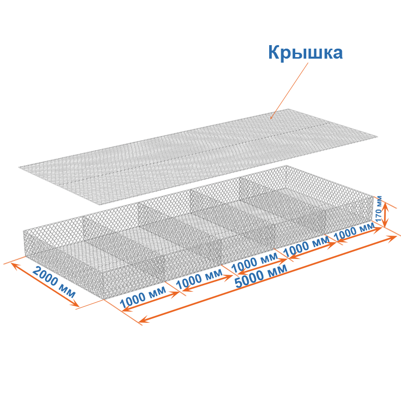 Габион матрац ГСИ-М 5х2х0,17 оцинкованный, Ø проволоки 2,4 мм, размер ячейки 6х8 см фото