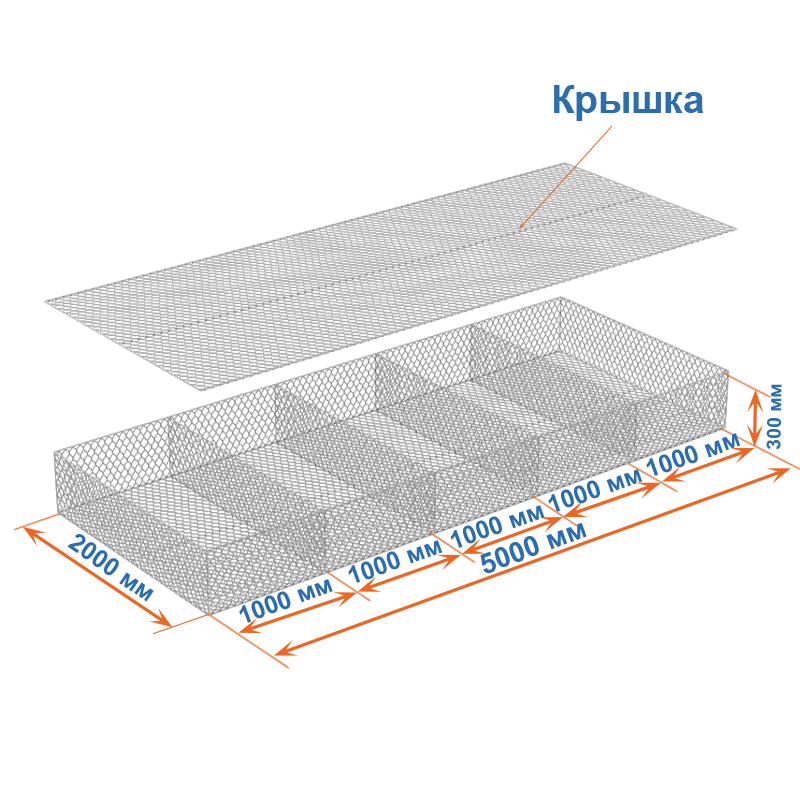 Габион матрац ГСИ-М 5х2х0,3 оцинкованный, Ø проволоки 2,4 мм, размер ячейки 6х8 см фото